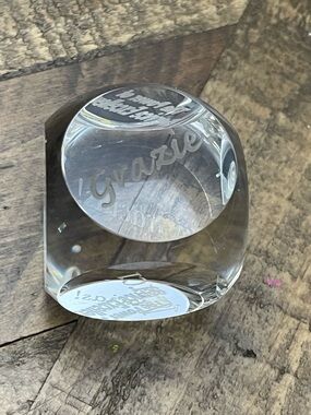 engraved crystal paperweight or award, specifically a cube crystal paperweight